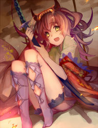 Rule 34 | 1girl, blush, breasts, demon girl, female focus, green eyes, horns, kneehighs, long hair, looking at viewer, nemeko, open mouth, original, sitting, smile, socks, solo, sword, weapon