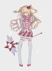 1girl absurdres armband blonde_hair bochishiraita commentary don_quixote_(project_moon) e.g.o_(project_moon) full_body grey_background hair_ornament heart heart_hair_ornament highres holding holding_staff in_the_name_of_love_and_hate_(e.g.o) limbus_company lobotomy_corporation_(identity)_(project_moon) long_hair one_eye_closed pink_garter_straps pink_shirt pink_shoes pink_skirt project_moon shirt shoes simple_background skirt solo staff standing star_(symbol) symbol-only_commentary thighhighs tongue tongue_out two_side_up v white_sleeves white_thighhighs yellow_armband yellow_eyes