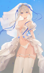 1girl 9a-91_(girls&#039;_frontline) absurdres arms_behind_back bare_shoulders blonde_hair blue_eyes blue_flower blue_ribbon blue_rose blue_sky breasts bridal_veil collarbone commission detached_sleeves dress flower frilled_dress frills girls&#039;_frontline hair_flower hair_ornament hair_ribbon highres kir_(khw66136132) looking_at_viewer medium_breasts navel outdoors panties parted_lips petals pixiv_commission puffy_short_sleeves puffy_sleeves ribbon rose short_hair short_sleeves sidelocks sky sleeveless sleeveless_dress solo sparkle thighhighs tiara underwear veil wedding_dress white_dress white_panties white_thighhighs