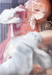 1girl absurdres arm_up blue_eyes blurry blurry_background blush breasts character_request cleavage collared_shirt dress eyelashes feet foot_focus foreshortening frilled_socks frills hair_between_eyes highres holding indoors knees_apart_feet_together long_hair looking_at_viewer medium_breasts no_shoes nokchamint okazaki_yumemi on_ground orange_dress orange_hair phantasmagoria_of_dim.dream red_eyes shirt smell socks soles solo spread_toes steaming_body toes touhou touhou_(pc-98) white_socks