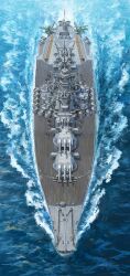 aircraft aircraft_catapult airplane anti-aircraft anti-aircraft_gun battleship cannon commentary_request floatplane from_above highres imperial_japanese_navy japanese_flag kurokawa_takeshi military_vehicle mitsubishi_f1m_pete no_humans ocean original radar range_finder sailing seaplane ship ship_turret smokestack type_96_aa_gun warship watercraft waves yamato_(battleship)