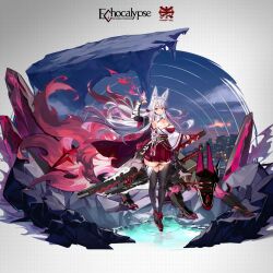 Rule 34 | 1girl, animal ear fluff, animal ears, black bridal gauntlets, black sash, black thighhighs, bow, breasts, bridal gauntlets, chiraha (echocalypse), cleavage, dress, echocalypse, fire, fox mask, full body, gloves, grey background, grey hair, hair bow, half gloves, high heels, katana, kikimi, large breasts, logo, long hair, mask, multicolored hair, multiple swords, night, night sky, non-humanoid robot, obi, official art, pink hair, pleated dress, red bow, red dress, red gloves, robot, robot animal, sash, scabbard, sheath, single bridal gauntlet, single half glove, skindentation, sky, solo, streaked hair, sword, tachi-e, thighhighs, weapon, zettai ryouiki