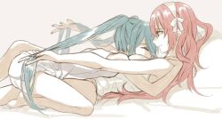 2girls aqua_hair bad_id bad_pixiv_id bed breasts closed_eyes electric_flower face_to_breasts girl_on_top hatsune_miku long_hair megurine_luka multiple_girls panties pink_hair tank_top twintails underwear vocaloid white_panties white_tank_top yuri