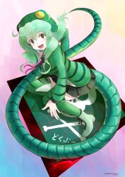 1girl absurdres aburaeoyaji blush boomslang_(kemono_friends) boots from_above green_eyes green_hair green_hoodie green_skirt green_thighhighs hair_between_eyes highres hood hood_up hoodie kemono_friends long_hair long_sleeves looking_at_viewer open_mouth pleated_skirt print_hoodie print_thighhighs puffy_sleeves sidelocks sitting skirt skull_and_crossbones smile snake_girl snake_print snake_tail solo tail thighhighs white_boots zettai_ryouiki