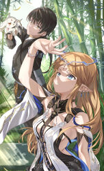 1boy 1girl abby_(wuthering_waves) absurdres bamboo bamboo_forest black_collar black_dress black_gloves black_hair black_jacket blonde_hair blush cartethyia_(wuthering_waves) collar commentary_request crown_of_thorns dress earrings forest gloves highres jacket jewelry long_hair looking_at_another male_rover_(wuthering_waves) mosta_(lo1777789) multicolored_eyes nature open_clothes open_jacket pointy_ears purple_eyes rover_(wuthering_waves) shading_eyes tabard tacet_mark_(wuthering_waves) two-tone_eyes white_tabard wuthering_waves yellow_eyes