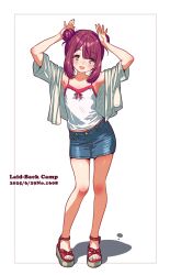 Rule 34 | 1girl, 2025, arms up, asymmetrical bangs, bare legs, blue skirt, collarbone, copyright name, dated, denim, denim skirt, double bun, flat chest, full body, hair bun, highres, jagi (jagi souken), long hair, miniskirt, nail polish, red hair, shadow, shirt, sidelocks, skirt, sleeveless, sleeveless shirt, solo, standing, toenail polish, toenails, toki ayano, white background, white shirt, yellow eyes, yurucamp