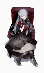 Rule 34 | 1girl, absurdres, armchair, bang dream!, bang dream! it&#039;s mygo!!!!!, black boots, black corset, black dress, black gloves, black pantyhose, black ribbon, boots, breasts, chair, closed mouth, collared dress, commentary, corset, dress, frilled wrist cuffs, frills, gloves, grey hair, hair ribbon, hand on own chin, hand up, highres, kumo tabetai, lace, lace gloves, large breasts, long hair, looking at viewer, multicolored dress, pantyhose, red dress, ribbon, see-through clothes, see-through gloves, short sleeves, simple background, sitting, solo, togawa sakiko, white background, wrist cuffs, yellow eyes