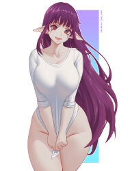 Rule 34 | 1girl, absurdres, blush, breasts, brown eyes, curvy, esil radiru, highres, large breasts, long hair, looking at viewer, melowh, open mouth, pointy ears, purple hair, shirt, shirt tug, smile, solo, solo leveling, thick thighs, thighs, white background, white shirt