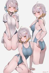 1girl absurdres ahoge ass back_cutout bare_arms bare_legs blonde_hair blue_buruma blue_one-piece_swimsuit blush braid braided_hair_rings breasts brown_eyes buruma closed_mouth clothing_cutout collarbone commentary_request commission from_side grey_background grey_hair hair_ornament hair_rings highleg highleg_one-piece_swimsuit highres large_breasts looking_at_viewer medium_breasts multicolored_hair multiple_views one-piece_swimsuit original seiza shirt shirt_hold shirt_tug short_hair simple_background sitting smile socks sooon streaked_hair swimsuit thighs white_shirt white_socks x_hair_ornament