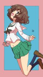 1girl :d akiyama_yukari artist_name black_neckerchief black_socks blouse blue_background border brown_eyes brown_hair brown_shoes erakin full_body girls_und_panzer green_skirt jumping legs_up loafers long_sleeves looking_at_viewer messy_hair midriff miniskirt navel neckerchief ooarai_school_uniform open_mouth outside_border pink_border pleated_skirt sailor_collar school_uniform serafuku shirt shoes short_hair signature sketch skirt smile socks solo white_sailor_collar white_shirt