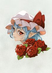 1girl absurdres blue_hair blush flower hat hat_ribbon head_tilt highres leaf looking_at_viewer mob_cap parted_lips patterned_background pointy_ears portrait red_eyes red_flower red_rose remilia_scarlet ribbon rose short_hair solo tofuandsoup touhou white_background