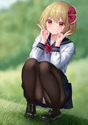 1girl alternate_costume black_sailor_collar black_shoes blonde_hair blue_skirt blurry blush bow bowtie closed_mouth commentary_request depth_of_field double_v grass hair_ribbon highres long_sleeves looking_at_viewer outdoors panties panties_under_pantyhose pantyhose pantyshot pleated_skirt red_bow red_bowtie red_eyes red_ribbon ribbon rumia sailor_collar school_uniform shirt shoes skirt smile solo squatting suigetsu_(watermoon-910) touhou underwear v white_pantyhose white_shirt