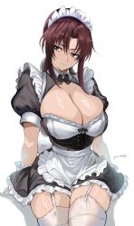 Rule 34 | 1girl, absurdres, alternate costume, apron, black bow, black lagoon, bow, breasts, brown eyes, brown hair, cleavage, curvy, dress, enmaided, frilled dress, frills, garter straps, harutoyumaarts, highres, huge breasts, large breasts, low ponytail, maid, maid apron, maid headdress, ponytail, puffy short sleeves, puffy sleeves, revy (black lagoon), short sleeves, sidelocks, sitting, solo, thighhighs, thighs, white garter straps, white thighhighs, zettai ryouiki