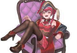 1girl boots breasts brown_shoes brown_thighhighs chair coat cup drinking_glass hat heterochromia high_heels hiiasd1 holding holding_cup hololive houshou_marine houshou_marine_(1st_costume) looking_at_viewer open_mouth pirate_hat red_eyes red_ribbon red_skirt ribbon shoes simple_background sitting skirt smile solo teeth thighhighs twintails white_background wine_glass yellow_eyes