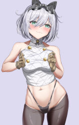 1girl :3 absurdres azur_lane bare_shoulders black_panties black_pantyhose blush breasts breasts_squeezed_together closed_mouth gloves goggles goggles_on_head green_eyes hands_up highleg highleg_panties highres large_breasts looking_at_viewer navel oleg_(azur_lane) panties pantyhose purple_background short_hair simple_background sleeveless solo stomach underwear white_hair xdl yellow_gloves