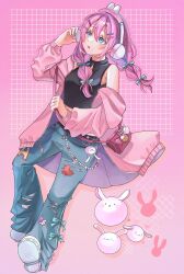 Rule 34 | 1girl, animal ear headphones, animal ears, asaoka born14, aubrey (birthday) (omori), aubrey (faraway) (omori), aubrey (omori), bag, blue bow, blue eyes, blush, bow, braid, breasts, character charm, charm (object), denim, double-parted bangs, fake animal ears, forest bunny? (omori), forest bunny (omori), hair bow, hair ornament, hairclip, handbag, headphones, highres, jacket, jeans, long sleeves, low twin braids, omori, pants, parted lips, pink hair, pink jacket, rabbit ear headphones, shoes, small breasts, sneakers, solo, torn clothes, torn jeans, torn pants, twin braids