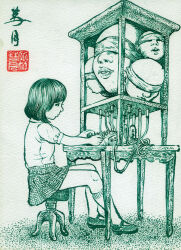 Rule 34 | 1girl, blindfold, chair, communicator, disembodied head, fractal underground studio, kneehighs, machinery, monochrome, open mouth, original, parted lips, plaid clothes, plaid skirt, shirt, shoes, short hair, short sleeves, sitting, skirt, socks, table, teeth, traditional media