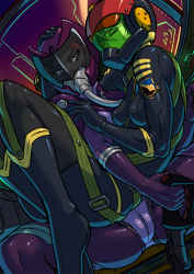 10s 2girls bad_id bad_pixiv_id blue_eyes bodysuit boots breasts closed_eyes cockpit controller cramped crotch gamilas hand_on_another&#039;s_head helmet hug joystick mask melda_deitz mikoyan multiple_girls on_lap pilot pilot_suit red_hair science_fiction shiny_clothes silver_hair sitting skin_tight spacesuit spread_legs uchuu_senkan_yamato uchuu_senkan_yamato_2199 uniform yamamoto_akira yuri