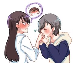 2girls bang_dream! bang_dream!_it&#039;s_mygo!!!!! blue_hoodie breasts closed_eyes closed_mouth commentary earrings grey_hair highres holding_hands hood hoodie jewelry kiss kissing_hand long_hair long_sleeves multiple_girls nervous_sweating purple_eyes satoshi_(peso727) shiina_taki shirt short_hair simple_background speech_bubble sweat takamatsu_tomori thought_bubble two-tone_hoodie upper_body white_background white_shirt yellow_hoodie yuri