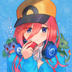 Rule 34 | 1girl, blue background, blue cardigan, blush, cardigan, charizard, closed mouth, commission, crossover, gen 1 pokemon, glint, go-toubun no hanayome, hair between eyes, hat, headphones, headphones around neck, highres, ivysaur, long hair, looking at viewer, nakano miku, nintendo, on shoulder, poke ball, poke ball (basic), pokemon, pokemon (creature), pokemon on shoulder, shirt, sparkle, super smash bros., upper body, white shirt, yasaikakiage, yellow hat