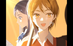 2girls bag blue_hair bob_cut book brown_hair buttons closed_mouth collar from_side front-to-back futari_wa_precure heart heart-shaped_pupils highres light long_hair long_sleeves medium_hair misumi_nagisa multicolored_eyes multiple_girls nani_(s2_nani) open_mouth orange_hair parted_bangs precure reading ribbon school_bag school_uniform smile sunlight symbol-shaped_pupils talking textbook two-tone_eyes yukishiro_honoka