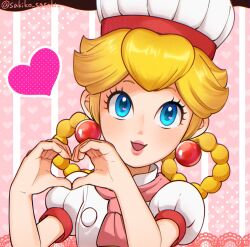 1girl :d blonde_hair blue_eyes braid chef_hat earrings hat heart heart_hands highres jewelry long_hair mario_(series) multicolored_background nintendo open_mouth patissiere_peach pink_scarf portrait princess_peach princess_peach:_showtime! puffy_short_sleeves puffy_sleeves sasaki_sakiko scarf short_sleeves smile solo twin_braids