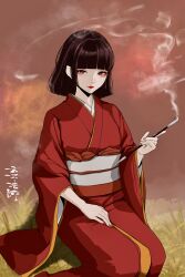 1girl absurdres black_hair genmaihoshi highres holding holding_smoking_pipe japanese_clothes kimono kiseru looking_at_viewer obi original red_kimono sash sitting smoke smoking smoking_pipe solo wide_sleeves