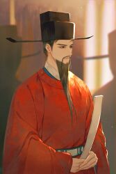 Rule 34 | 1boy, absurdres, beard, black eyes, black hair, chinese clothes, facial hair, futou, hanfu, hat, highres, holding, huban, indoors, long hair, long sleeves, male focus, ming dynasty, mustache, original, solo, sunlight, upper body, wide sleeves, yuanlingpao, yutou jun