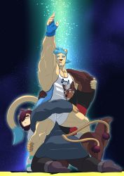 3boys absurdres animal_ears arm_up armpits bara beige_fur blue_hair bulge character_request dog_boy dog_ears dog_tail full_body gohki_shiranui gohki_shiranui_(vtuber) gundam highres indie_virtual_youtuber large_pectorals lion_ears lion_tail male_focus multiple_boys multiple_tails muscular muscular_male on_person parody pectorals short_hair sidepec sky star_(sky) starry_sky tail thick_thighs thighs two_tails virtual_youtuber wrestling_outfit