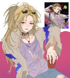 1boy black_choker blonde_hair blue_eyes blue_pants choker cup ear_piercing eyewear_on_head hashtag-only_commentary heterochromia highres holding holding_cup hssfaxee hugo_vlad jewelry long_hair long_sleeves looking_at_viewer male_focus mole mole_under_eye necklace open_clothes pants piercing ponytail purple_tank_top red_eyes reference_inset simple_background sunglasses tank_top torn_clothes zenless_zone_zero