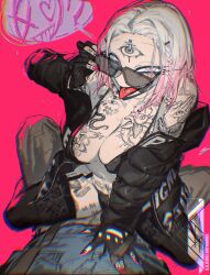 1girl adjusting_eyewear arm_support arm_tattoo artist_logo bikini black_bikini black_gloves black_jacket black_thighhighs blonde_hair body_writing braid breast_tattoo breasts cleavage collarbone constricted_pupils finger_tattoo fingerless_gloves fingernails full-body_tattoo garter_straps girl_on_top gloves gradient_hair grand_theft_auto grand_theft_auto_v hand_on_another&#039;s_chest highres jacket juerucj large_breasts leg_tattoo logo long_fingernails long_sleeves looking_at_viewer multicolored_hair off_shoulder original piercing pink_background pink_eyes pink_hair pov short-sleeved_jacket short_sleeves sitting sitting_on_person smile speech_bubble straddling suspenders swimsuit tally tattoo thighhighs tongue tongue_out tongue_piercing ||/