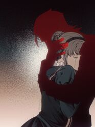 1boy 1girl ace_attorney black_dress black_hairband blood blood_on_hands brown_hair bun_with_braided_base chinese_commentary closed_eyes commentary_request crying dress hair_bun hairband hand_on_another&#039;s_head highres hug kaze_(yznyttdgs) klint_van_zieks lady_baskerville long_sleeves short_hair silhouette single_hair_bun the_great_ace_attorney variant_set