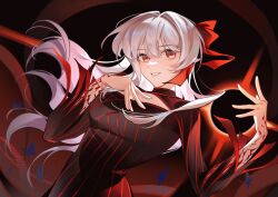 1girl amiably_02 black_background black_dress blue_butterfly body_markings breasts bug butterfly casting_spell chinese_commentary cleavage_cutout clothing_cutout dark_persona dark_sakura dress dutch_angle fate/stay_night fate_(series) hair_ornament hair_ribbon heaven&#039;s_feel highres insect long_hair long_sleeves looking_at_viewer magic matou_sakura parted_lips red_eyes red_ribbon ribbon smile solo striped_clothes striped_dress teeth upper_body white_hair