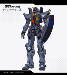 copyright_name full_body gundam gundam_gquuuuuux gundam_mk_ii highres horocca mecha mecha_focus mobile_suit no_humans official_style redesign robot science_fiction shield simple_background solo standing titans_(gundam) v-fin white_background zeta_gundam