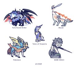 1boy amaterasu_(ookami) animal animal_focus chain copyright_name dark_souls_(series) fate/grand_order fate_(series) full_body gen_8_pokemon great_grey_wolf_sif headless hessian_(fate) hiko_(lg612) legendary_pokemon lobo_(fate) mouse_(animal) mouth_hold nintendo ookami_(game) pokemon pokemon_(creature) repede_(tales) riding simple_background solid_circle_eyes sword tachigami tales_of_(series) tales_of_vesperia twitter_username weapon white_background wolf zacian