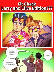 Rule 34 | 3boys, absurdres, alternate language, black hair, brown eyes, camera, character name, clavell (pokemon), clive (pokemon), closed mouth, collared shirt, commentary, english commentary, facial hair, flipped hair, flower wreath, hand on own chin, hand up, highres, jacket, larry (pokemon), larry (special costume) (pokemon), male focus, multiple boys, nintendo, official alternate costume, official art, pink shirt, pokemon, pokemon masters ex, pokemon sv, shirt, speech bubble, sunglasses, tinted eyewear, yellow-tinted eyewear