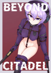 1_i_ki_raku 1girl asymmetrical_dual_wielding beyond_citadel breasts copyright_name crotch_strap dual_wielding gloves gun headset highres holding holding_gun holding_knife holding_weapon holster knife long_sleeves looking_at_viewer martyr_(the_citadel) medium_breasts navel purple_eyes purple_gloves purple_hair purple_thighhighs revealing_clothes short_hair solo the_citadel thighhighs throwing_knife weapon