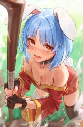 Rule 34 | 1girl, animal ears, bandaged leg, bandages, belt, black thighhighs, blue hair, blush, breasts, cleavage, cosplay, dress, fingerless gloves, gloves, heavy, highres, holding, hololive, kono subarashii sekai ni shukufuku wo!, looking at viewer, megumin, megumin (cosplay), multicolored hair, open mouth, padoruu, rabbit ears, rabbit girl, single thighhigh, solo, staff, steam, thick eyebrows, thighhighs, two-tone hair, usada pekora, virtual youtuber
