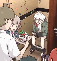 Rule 34 | 3boys, 3girls, :o, ahoge, black hair, black pants, black shirt, book, brown hair, cake, camera, danganronpa (series), danganronpa 2: goodbye despair, food, green jacket, happy birthday, hinata hajime, holding, holding camera, jacket, kmnm 1403, koizumi mahiru, komaeda nagito, medium hair, mioda ibuki, multiple boys, multiple girls, nanami chiaki, neck ribbon, nidai nekomaru, open book, open clothes, open door, open jacket, pants, print shirt, red hair, ribbon, shirt, sitting, taking picture, toilet, toilet use, two-tone shirt, white shirt