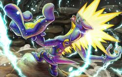 Rule 34 | electricity, fang, gen 8 pokemon, kaosu (kaosu0905), nintendo, on rock, open mouth, pokemon, pokemon (creature), pokemon focus, pokemon tcg, rock, second-party source, skin fang, solo, standing, tongue, tongue out, toxtricity, toxtricity (amped)