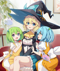 3girls aizawa_azusa apron aqua_skirt black_dress black_hat blonde_hair blue_eyes blue_hair breasts couch dress eyebrows_hidden_by_hair falfa_(slime_taoshite_300_nen) green_hair hair_between_eyes hair_ornament hat hug_from_side large_hat large_ribbon looking_at_viewer medium_hair mother_and_daughter multiple_girls nyoro_(nyoronyoro000) on_couch open_mouth plant potted_plant ribbon shalsha_(slime_taoshite_300_nen) siblings sisters sitting skirt slime_(creature) slime_taoshite_300_nen_shiranai_uchi_ni_level_max_ni_nattemashita small_breasts smile twins waist_ribbon white_dress white_ribbon witch witch_hat yellow_apron