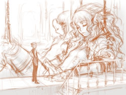2girls giant giantess gts monochrome multiple_girls orange_theme original sano_toshihide sketch