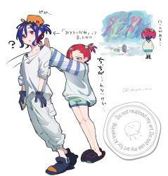 Rule 34 | 1boy, 1girl, ?, amate yuzuriha, aqua eyes, aqua shirt, aqua skirt, blue hair, blush, breasts, collared shirt, colored inner hair, conch (gundam), gloves, gundam, gundam gquuuuuux, hair ornament, highres, long sleeves, mochino ron, multicolored hair, open mouth, pajamas, ponytail, purple hair, red eyes, red hair, school uniform, shirt, short hair, shuji ito, simple background, skirt, spray can, sweater, tank top, two-tone hair, white background