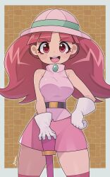 1girl absurdres belt breasts fossil_fighters highres large_breasts long_hair looking_at_viewer open_mouth pink_eyes pink_hair pink_skirt pink_thighhighs rosie_(fossil_fighters) ryuusui_arumo skirt sleeveless smile solo teeth thighhighs twintails upper_teeth_only white_headwear