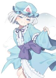 1girl blue_eyes blue_hat blue_kimono blunt_ends blush commentary_request cosplay cowboy_shot frilled_kimono frilled_shirt_collar frills garasuno grey_hair hat highres japanese_clothes kimono konpaku_youmu konpaku_youmu_(ghost) long_sleeves looking_at_viewer mob_cap neck_ribbon pinching_sleeves purple_ribbon purple_sash ribbon ribbon-trimmed_collar ribbon_trim saigyouji_yuyuko saigyouji_yuyuko_(cosplay) sash short_hair sleeve_garter smile solo touhou triangular_headpiece waist_sash wide_sleeves