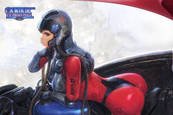 1980s_(style) 1girl ass body_armor bodysuit cable cockpit commentary_request cyberpunk fujiwara_hisashi game_over gloves helmet highres hose logo machinery official_art oldschool pilot pilot_suit promotional_art raimais realistic retro_artstyle scan science_fiction taito title traditional_media tube uniform