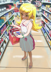 1boy 3girls @_@ absurdres araragi_koyomi bakemonogatari basket black_hair blonde_hair blue_skirt boots bow brown_eyes buzz_lightyear chasing cokeanut10 commentary dress english_commentary feet green_bow green_eyes green_hair hachikuji_mayoi hair_bow high_heel_sandals high_heels highres holding kidnapped kidnapping legs long_hair monogatari_(series) multiple_girls nail_polish ononoki_yotsugi orange_dress oshino_shinobu pink_nails pointy_ears red_bow sandals school_uniform shirt shopping shopping_basket short_twintails skirt standing striped_clothes striped_thighhighs supermarket suspender_skirt suspenders sweatdrop thighhighs toes toy_story twintails white_dress white_shirt yellow_boots