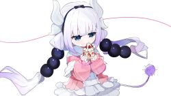 1girl absurdres blue_eyes cake carternanmen dragon_girl dragon_horns dragon_tail dress eating eyebrows_hidden_by_hair flat_chest food food_on_face fruit highres holding holding_cake holding_food horns kanna_kamui kobayashi-san_chi_no_maidragon long_hair looking_ahead open_mouth pink_dress purple_hair simple_background solo strawberry tail twintails two-tone_dress upper_body very_long_hair white_background white_dress