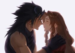 1boy 1girl absurdres aerith_gainsborough bare_shoulders black_gloves black_hair blush brown_hair closed_eyes couple crisis_core_final_fantasy_vii drill_hair drill_sidelocks facing_another final_fantasy final_fantasy_vii final_fantasy_vii_rebirth final_fantasy_vii_remake from_side gloves grey_background hands_on_another&#039;s_shoulders highres imminent_kiss jacket lips long_hair lumiaeria parted_bangs parted_lips pink_lips profile red_jacket sidelocks sleeveless sleeveless_turtleneck spiked_hair sweater turtleneck turtleneck_sweater upper_body zack_fair