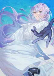 1boy black_gloves black_shoes blue_background blue_eyes blue_hair blurry coat collared_shirt depth_of_field floating_hair foreshortening gloves grin highres hoshirube_sho long_hair looking_at_viewer male_focus meeen_l9l multicolored_hair nijisanji outstretched_arm purple_hair reaching reaching_towards_viewer shirt shoes skirt smile solo streaked_hair two-tone_hair virtual_youtuber white_coat white_shirt white_skirt